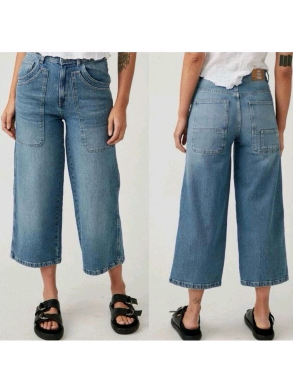 EUC We The Free People blue Mid-Rise Crop Wide Leg Jeans patch pockets size M 28 - Picture 2 of 9